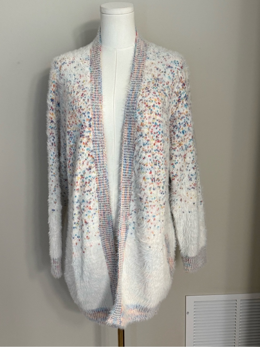 ModCloth Confetti Eyelash Knit Cardigan Sweater Cozy Pastel Open Front Pockets M